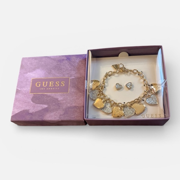 Guess Two-Tone Heart Charm Bracelet and Earring Set - Picture 2 of 2